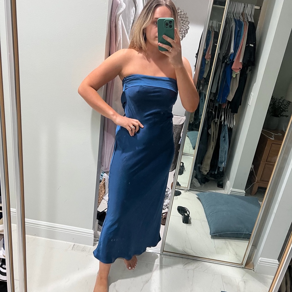 Classic Strapless Satin Midi Dress in Navy